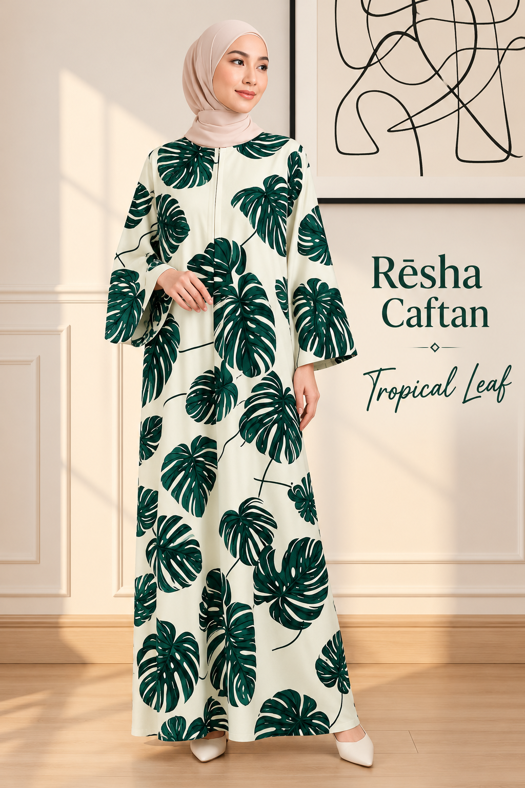 Rēsha Caftan corak Tropical Leaf